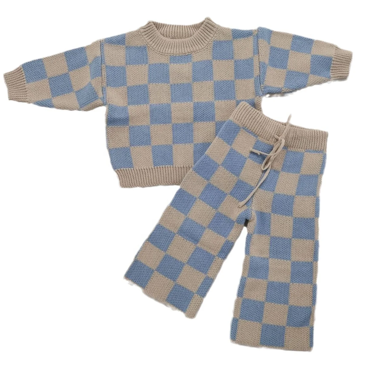 Custom Baby Sweater Winter 100% Cotton Checkered Knit Casual Knitwear Clothes Set - Image 2