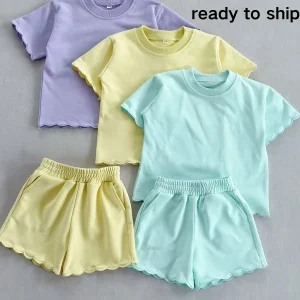 Top Selling Unisex Kids Candy Color Solid French Terry Scallop Sweatshirt Casual 2 Pcs Set for Baby Kids  Kids Clothes Set