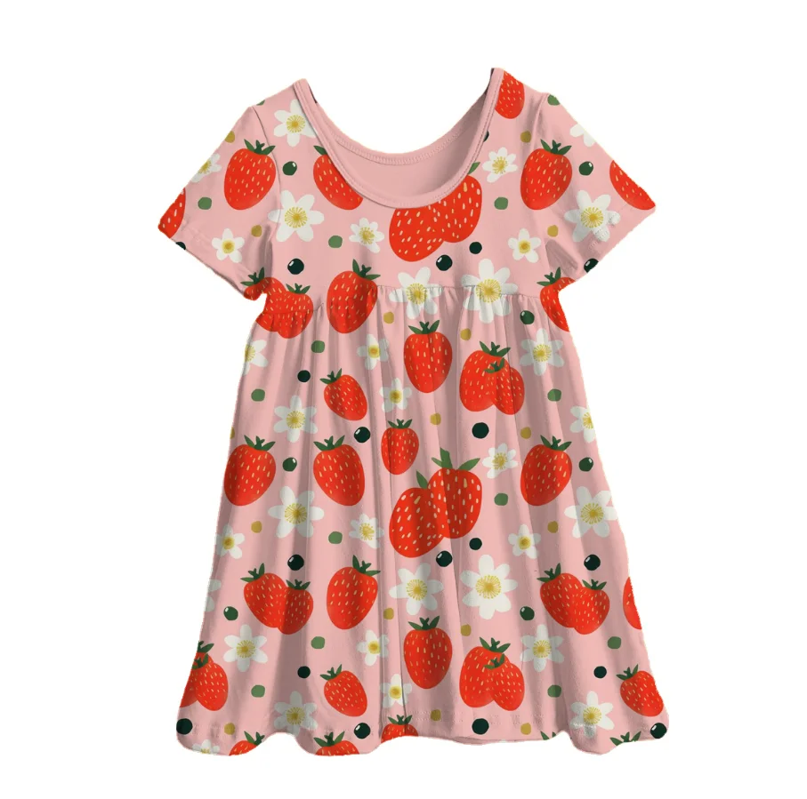 Summer Fruit Ice Cream Bamboo Print Baby Girls Dress Back to School Pattern Casual Short Sleeve Kids Dresses - Image 4