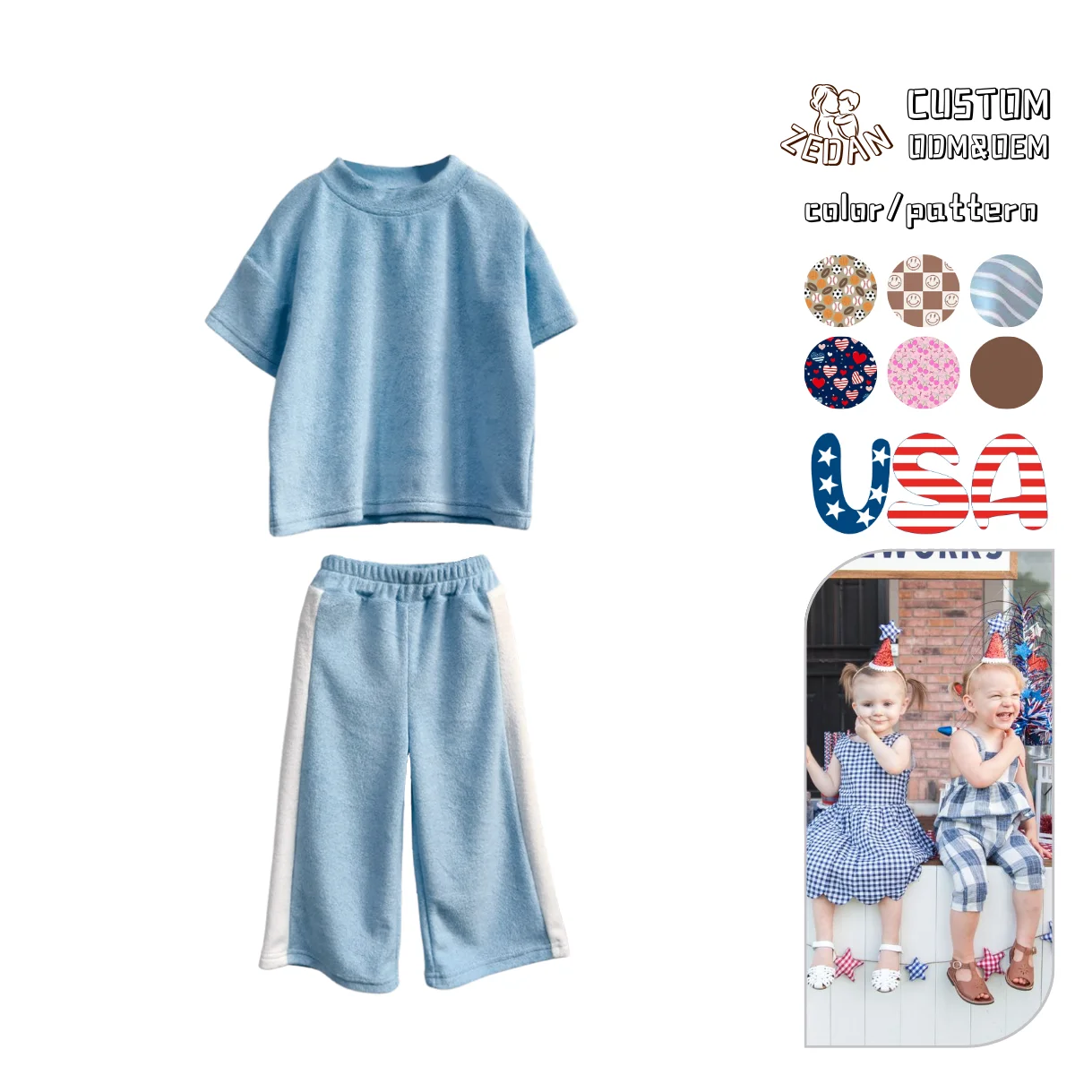 Wholesale Casual Two-Piece Toddler Boys Outfit Custom Print Short Sleeve Cherry Bow Solid Pattern Sizes 2T and 5T for Summer