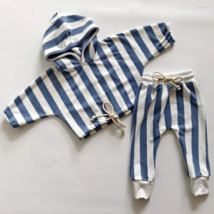 Stylish Terry Cloth Striped Loungewear Set for Kids Cozy Hoodie and Pants Drawstring Set