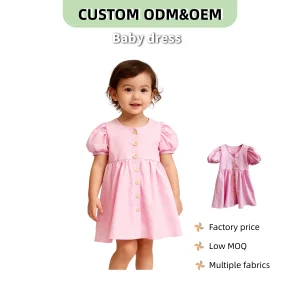 OEM Custom Baby Clothing Toddler Girls Cotton Linen Summer Dress Kids Bubble Sleeve O-Neck Smocked Sun Dresses