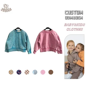 Hot Sale Custom Color Acid Wash Unisex Toddler Kids Sweatershirt  Long Sleeves French Terry Cotton T-shirt