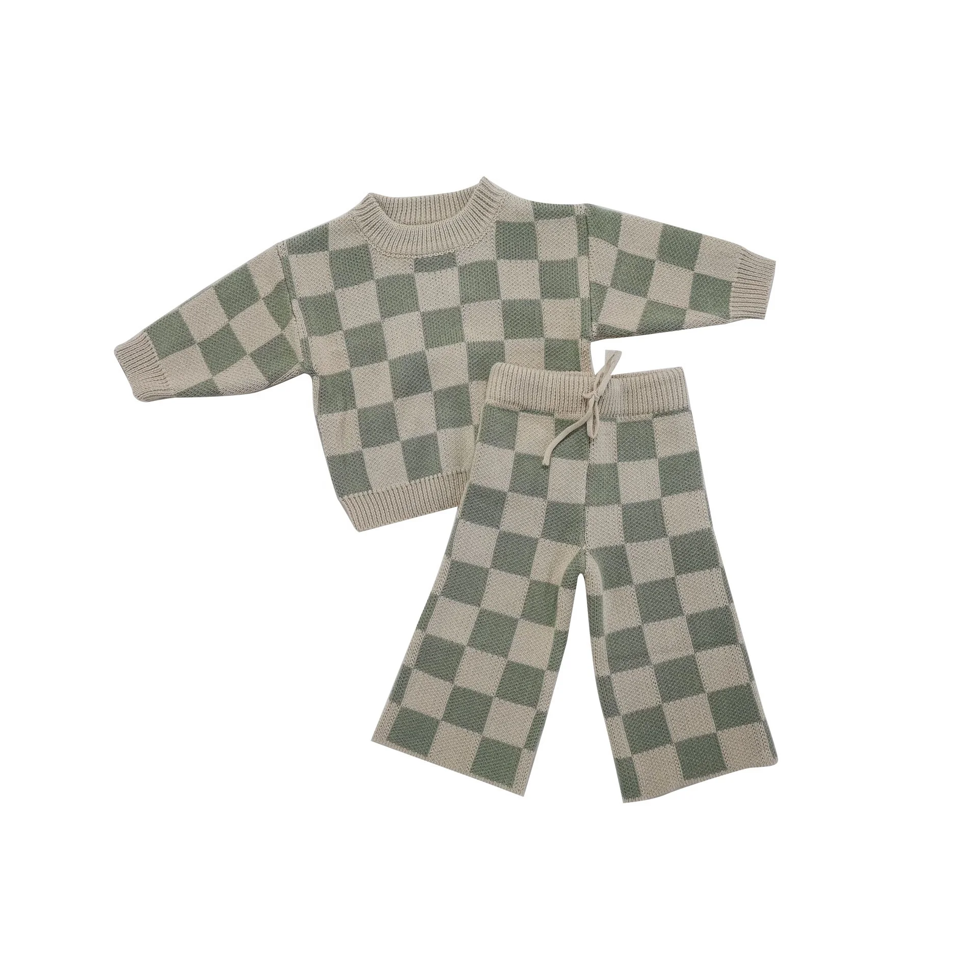 Custom Baby Sweater Winter 100% Cotton Checkered Knit Casual Knitwear Clothes Set - Image 3