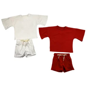 Summer Knitted Cotton Children Baby Flare Sleeve Solid Color T-shirt and Shorts 2pcs Set Toddler Oversized Casual Clothing Sets