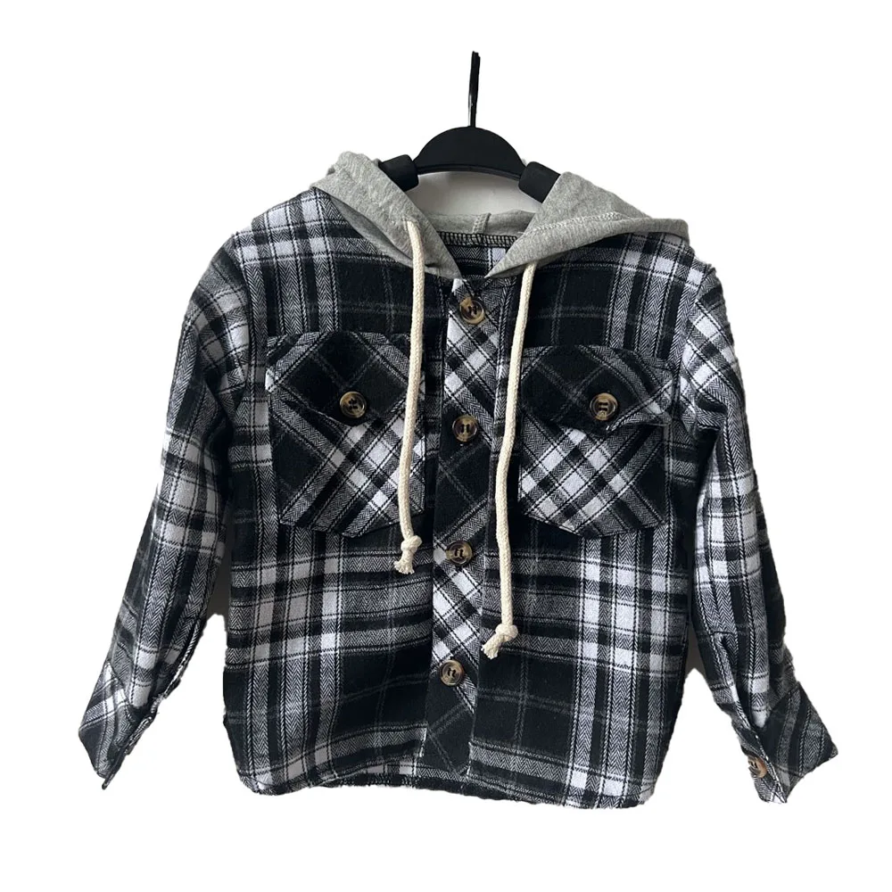 Custom Spring Autumn Toddler Boys Hooded Plaid Pockets Flannel Shirts Fashion Long Sleeve Coat - Image 2