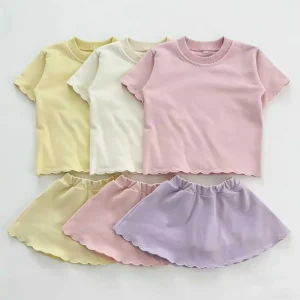 Top Selling Unisex Kids Candy Color Solid French Terry Scallop Sweatshirt Casual 2 Pcs Skirt Set for Baby Kids Kids Clothes Set