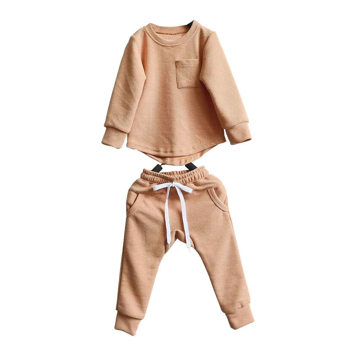 Custom Waffle Jogger Set Long Sleeve Curved Hem Shirt Baby Kids Waffle Tracksuit Clothes Set - Image 2