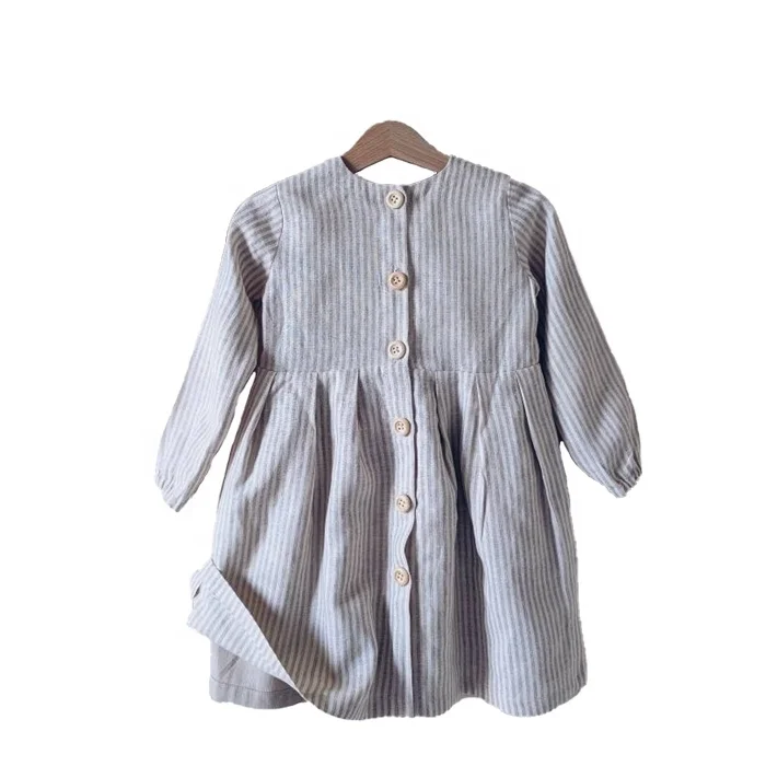 Custom Spring and Autumn Baby Girl Different Sizes Color Linen Wooden Buttons on the Back Long-sleeved Dress - Image 2
