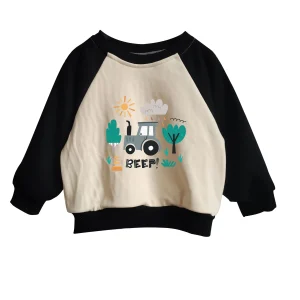 Custom Baby Boy Farm Pattern Sweatshirt Long Sleeve Color Block French Terry Crewneck Top