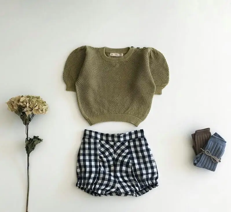 2024 New Summer Knitting Solid Color Puff Sleeve Shirt Toddler Girls Boutique Outfits T-shirt - Image 3