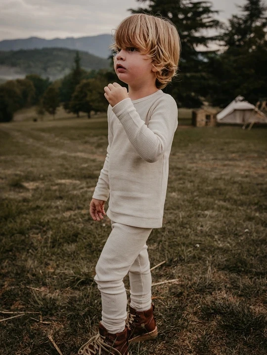 Waffle Rib Baby Unisex Clothes Set Long Sleeve Tee Legging Pants Plain Autumn Kids Lounge Suits - Image 3