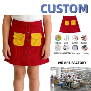 OEM Baby Clothing Girl Corduroy Skirts Kids Fall Winter Button Mini Skirt with Pockets
