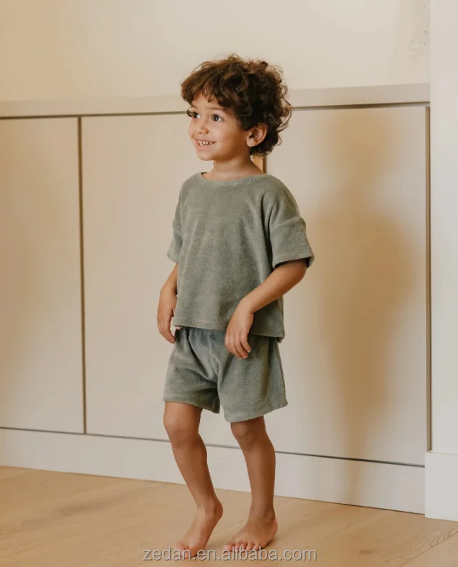 Wholesale Organic Terry Baby Clothing Sets Stripe & Plain Soft Unisex 2-Piece Toddler Summer Outfits Quick Dry Breathable - Image 3