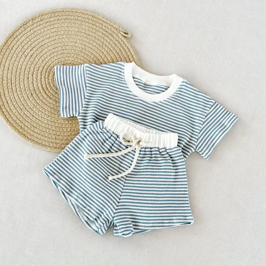 Ready to Ship Summer Children's Waffle Cotton Short Sleeve and Shorts Two-piece Set Kids Casual Suit - Image 3