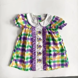 Baby Girls' Carnival Mardi Gras purple Gold Green Checkered Dress Short-sleeved Embroidered Princess Dress