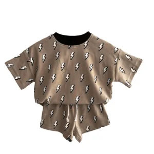 Wholesale Custom Baby Kids Summer Lightning Checkered Shorts Set T-shirt 2pcs Soft Casual Toddler Clothing