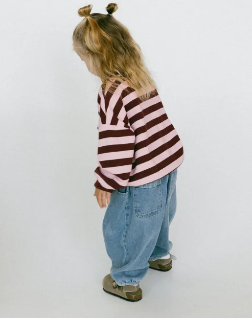 Burgundy Light pink Stripe Crewneck Drop Shoulder Oversized Unisex Kids Boys Girls Sweatrshirt Pullover Baby Tops - Image 2