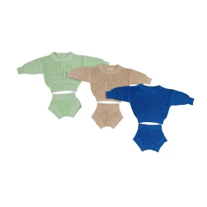 Fall and Winter Custom 100% Cotton  Cotton Baby Sweater Set Winter Long Sleeve Chunky Pullover and Shorts Kids Knit Set