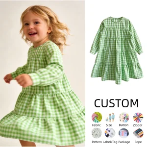 OEM Baby Summer Clothes 100% Cotton Baby Girls' Plaid Tiered Dress Long Sleeve Girl Kid Casual Sundress