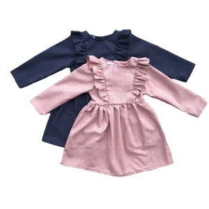 Custom Little Baby Girl Linen Cotton Blend Long Sleeve Ruffle Shoulder Dresses