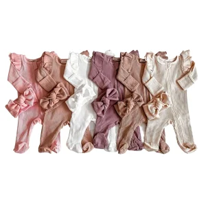 Ribbed Flutter Long Sleeve Baby Girl Zipped Romper Infant Cute Footed Bodysuit