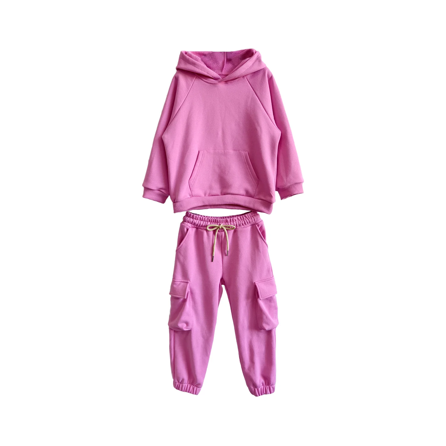 Comfortable Kids Set 100% Cotton French Terry Kids Set Raglan Sleeve Hoodie & Cargo Pocket Jogger Pants Casual Outfit 0-8T - Image 2