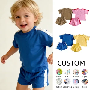 Customized Baby Clothing Wholesale Toddler Clothes Set Short Sleeve T-shirt Top Elastic Waist Pocket Shorts Solid 2Pcs Outfits