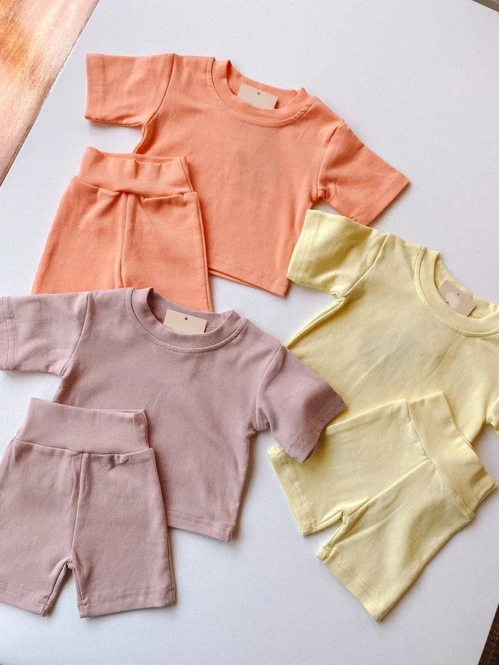 Custom Baby Clothes Sets Solid Color Short French Terry 2 Pcs Biker Play Outfit Bright Summer Sets - Image 2