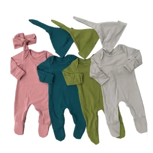 Spring Toddler Blank Cotton Long Fold Sleeve Legging Wrap Feet Bodysuit Match Hat Even Feet Baby Romper