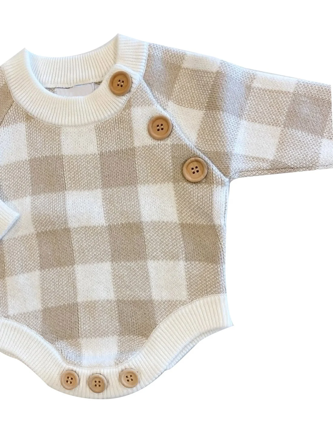 Custom Knitted Baby Romper Long Sleeve Gingham Cute Sweater Romper Outfit - Image 5