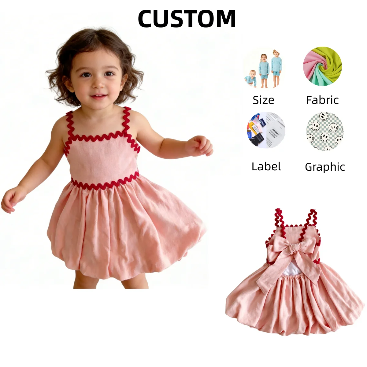Cute Custom Toddler Girl's Cotton Linen Print Scalloped Trim Lining Sundress Baby Clothing