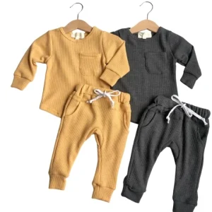 Autumn Infant Unisex Waffle Clothes Set Long Sleeve Pocket Top Drawstring Pants Toddler Casual Outfits