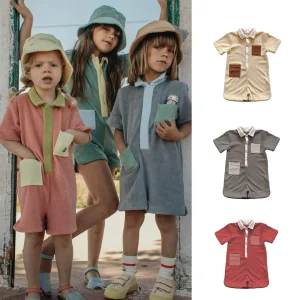 Boutique Custom Toddler Terry Cloth Romper  Pocket Color Block Jumpsuit Summer Lovely Popular Toddler Clothing