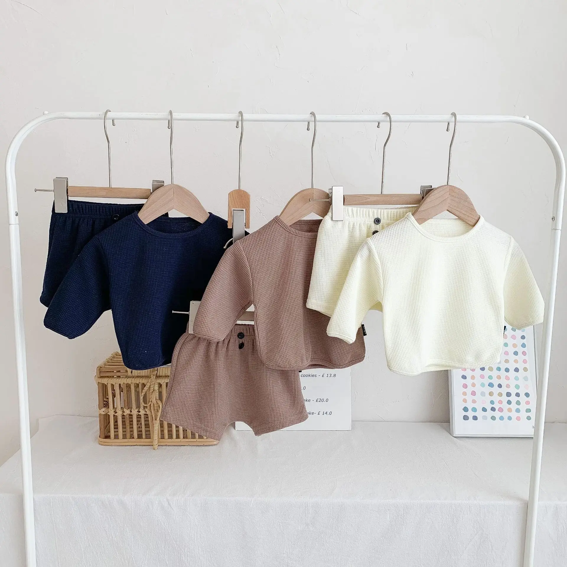Ins Baby Long Sleeve Waffle Clothes Swoop Bottom Pullover Top Shorts Kids Casual Outwear - Image 2