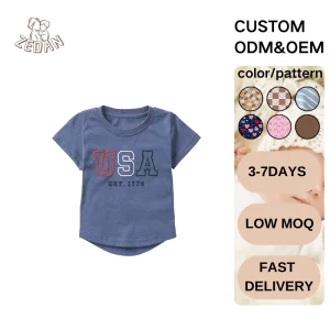 Independence Day Summer Mommy and Me Curved Bottom Embroidered Pattern Knitted Cotton Navy T-shirt