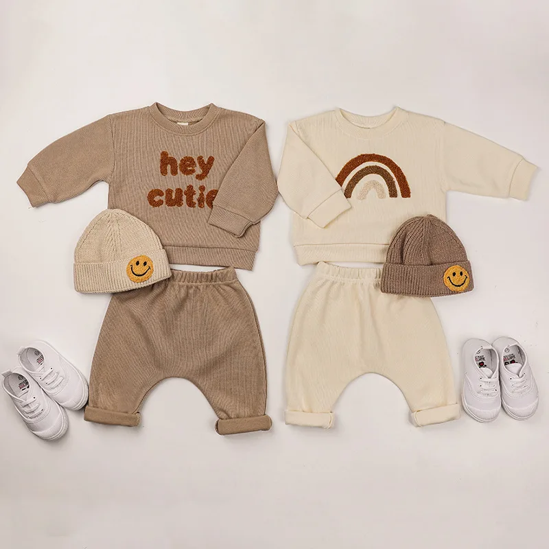 New Fashion Baby Spring and Autumn Letter rainbow Towel Embroidered Set Long Sleeve Pants Baby Sets Newborn - Image 2