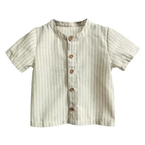 Summer Baby Boys Short Sleeve T-shirt with Pocket Casual Striped Linen Cotton Shirts Custom Kids Shirts