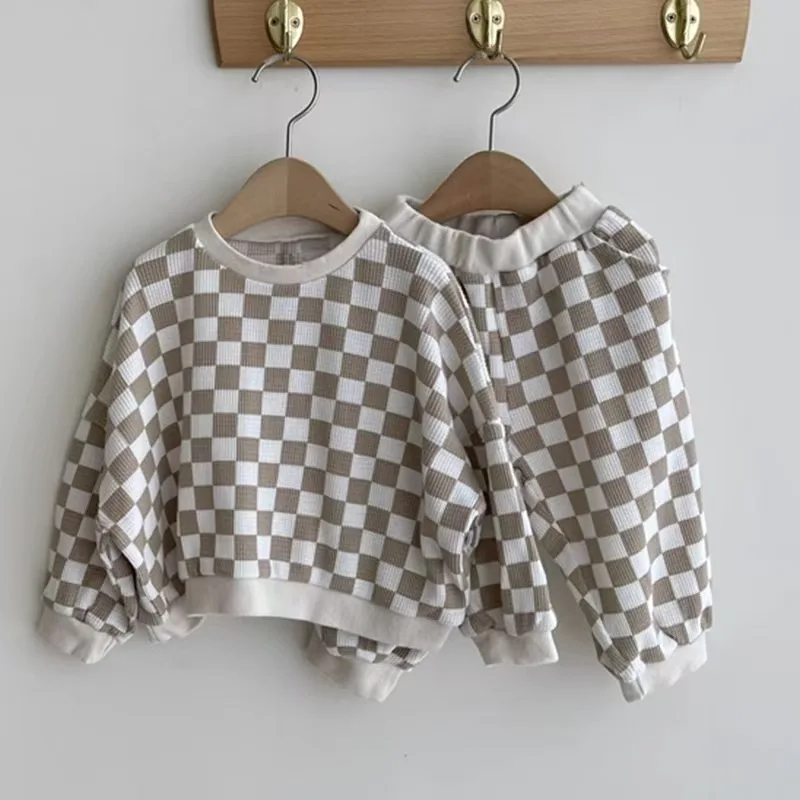 Wholesale Toddler Spring Autumn Custom Print Pattern Waffle Cotton Baby Clothes Long Sleeve Casual Set - Image 4