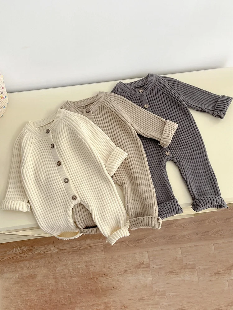 RTS Knit Newborn Baby Winter Solid Sweater Long Sleeve Button Romper - Image 2