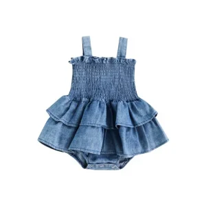 Custom Infant Baby Girl Summer Outfits Ruffle Denim Sleeveless Romper Dress One Piece Jumpsuit Bodysuit
