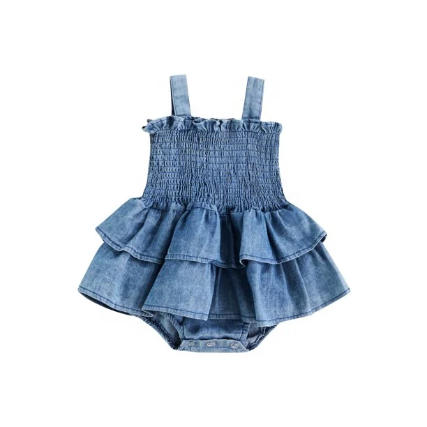 Custom Infant Baby Girl Summer Outfits Ruffle Denim Sleeveless Romper Dress One Piece Jumpsuit Bodysuit