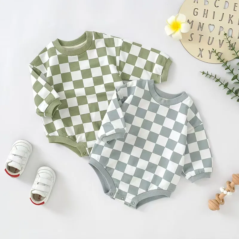 Ready to Ship Baby Long Sleeve Sweatshirt Romper Neutral French Terry Checkerboard Bubble Romper - Image 4