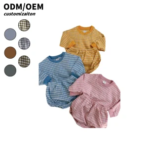 Checkered Casual Cotton Soft Long Sleeve Top and Shorts Set for Baby Spring Autumn