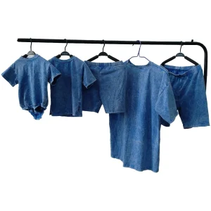 Custom Elastic Cotton Snow Washed Vintage Family Matching Outfits Summer Kids Adult Short Set with Baby Romper