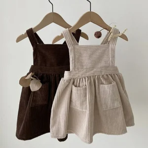Custom Spring Autumn Toddler Baby Girl Dress Corduroy Suspender Sleeveless Dress for Kids