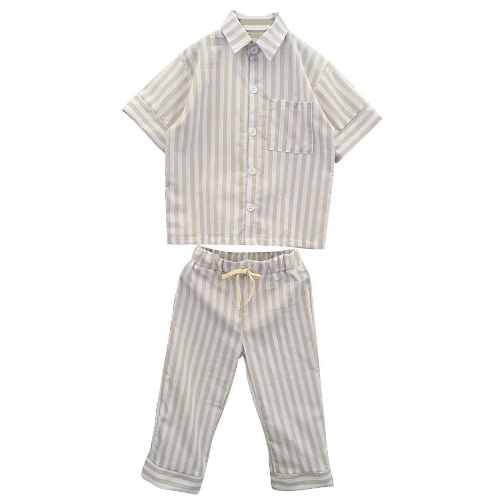 2024 Custom Summer 100%cotton Striped Baby Toddler Clothes Set Short Sleeve Shirt with Pants Set