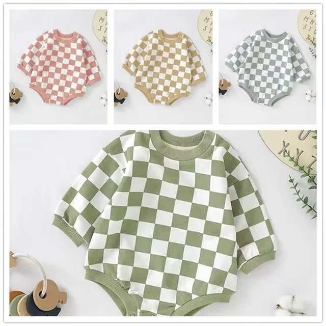 Ready to Ship Baby Long Sleeve Sweatshirt Romper Neutral French Terry Checkerboard Bubble Romper - Image 3