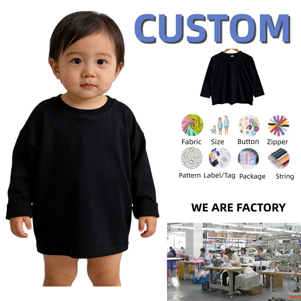 OEM Baby Clothing Long Sleeve Shirts Cotton Crew Neck Basic Tees Soft Kids' Long Sleeve T-Shirts Top