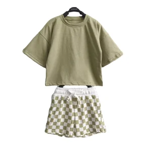 Custom Kids Toddlers Cotton Soft Summer 2pcs Casual Set Solid Color Shirt and Checkboard Shorts Baby Outfits